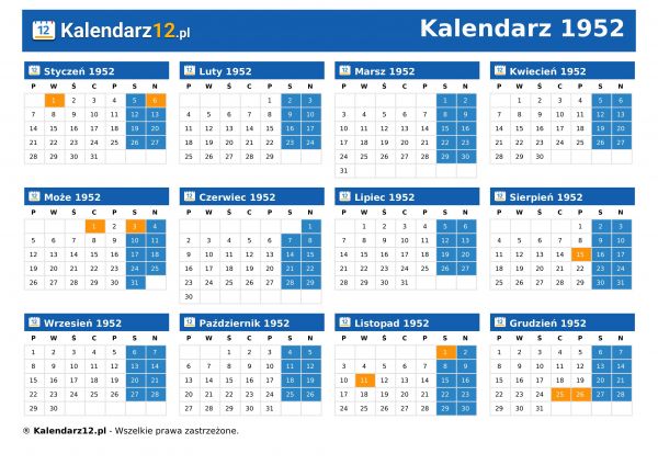Kalendarz 1952