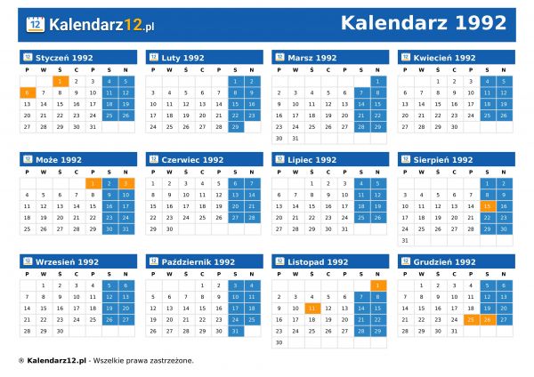 Kalendarz 1992