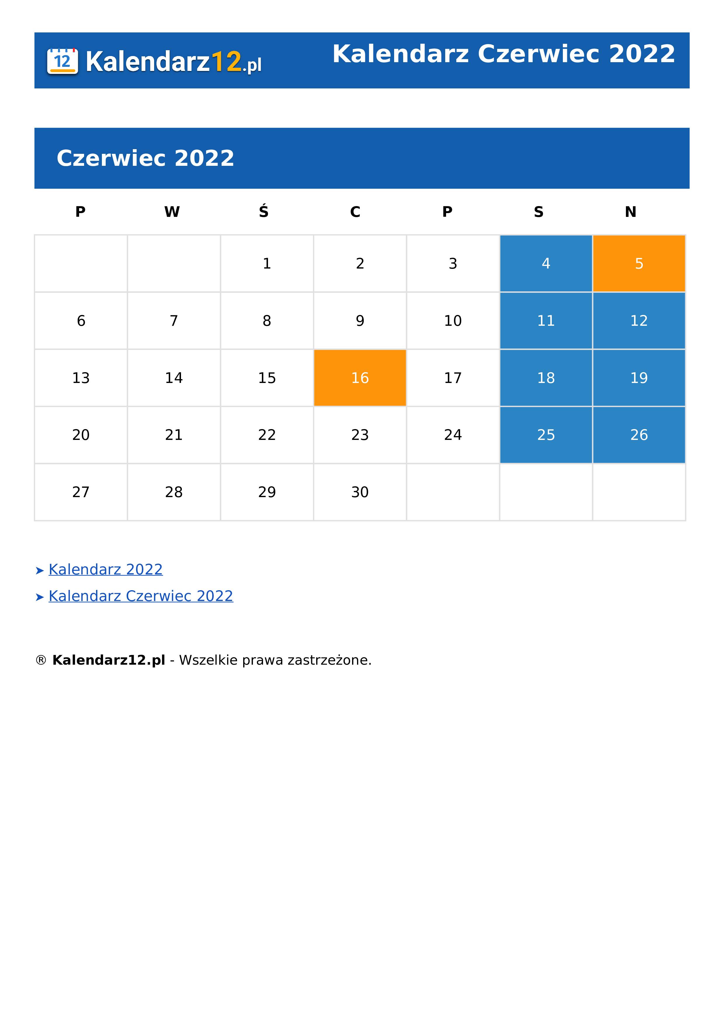 Calendar Czerwiec 2022