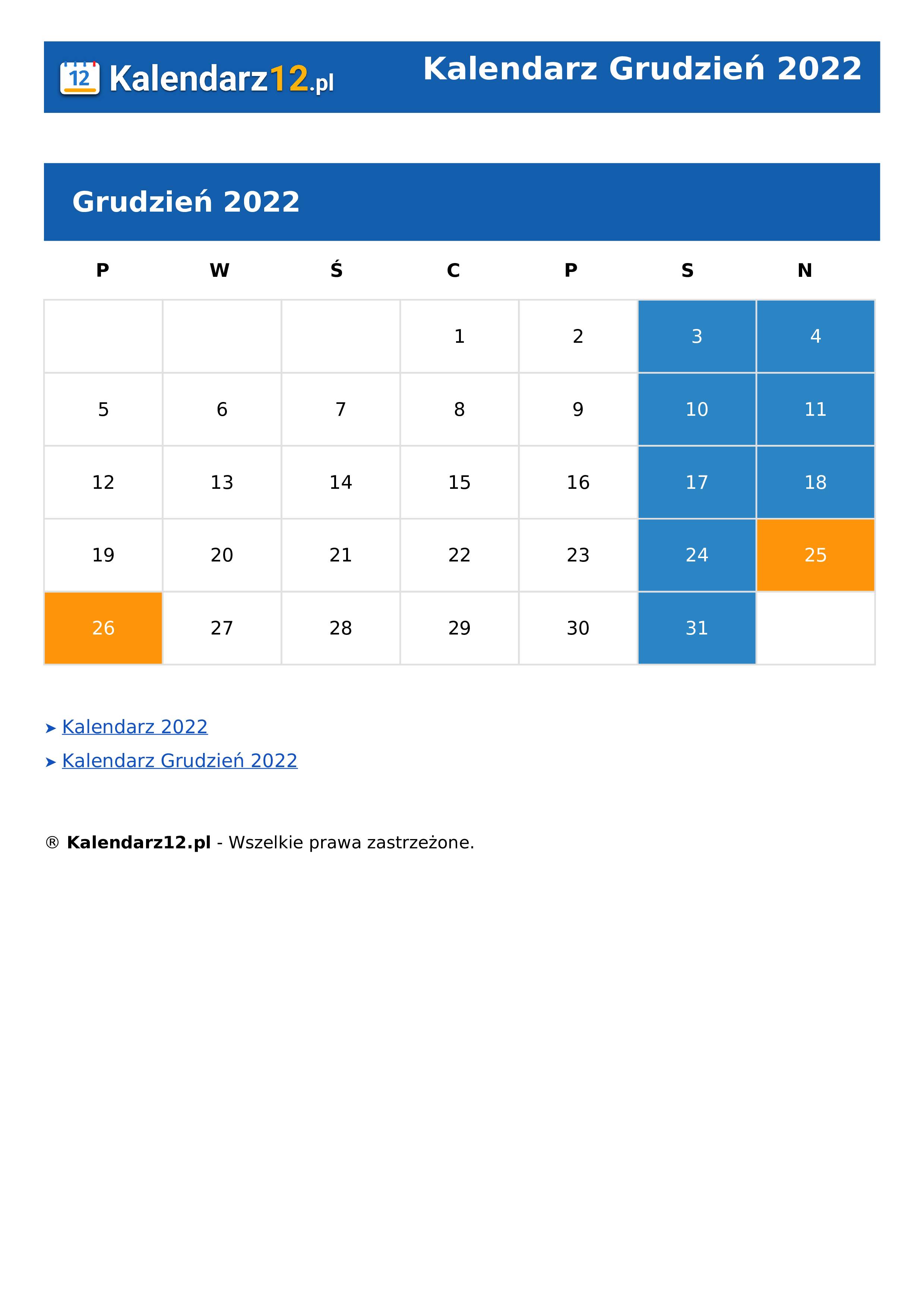 Calendar Grudzień 2022