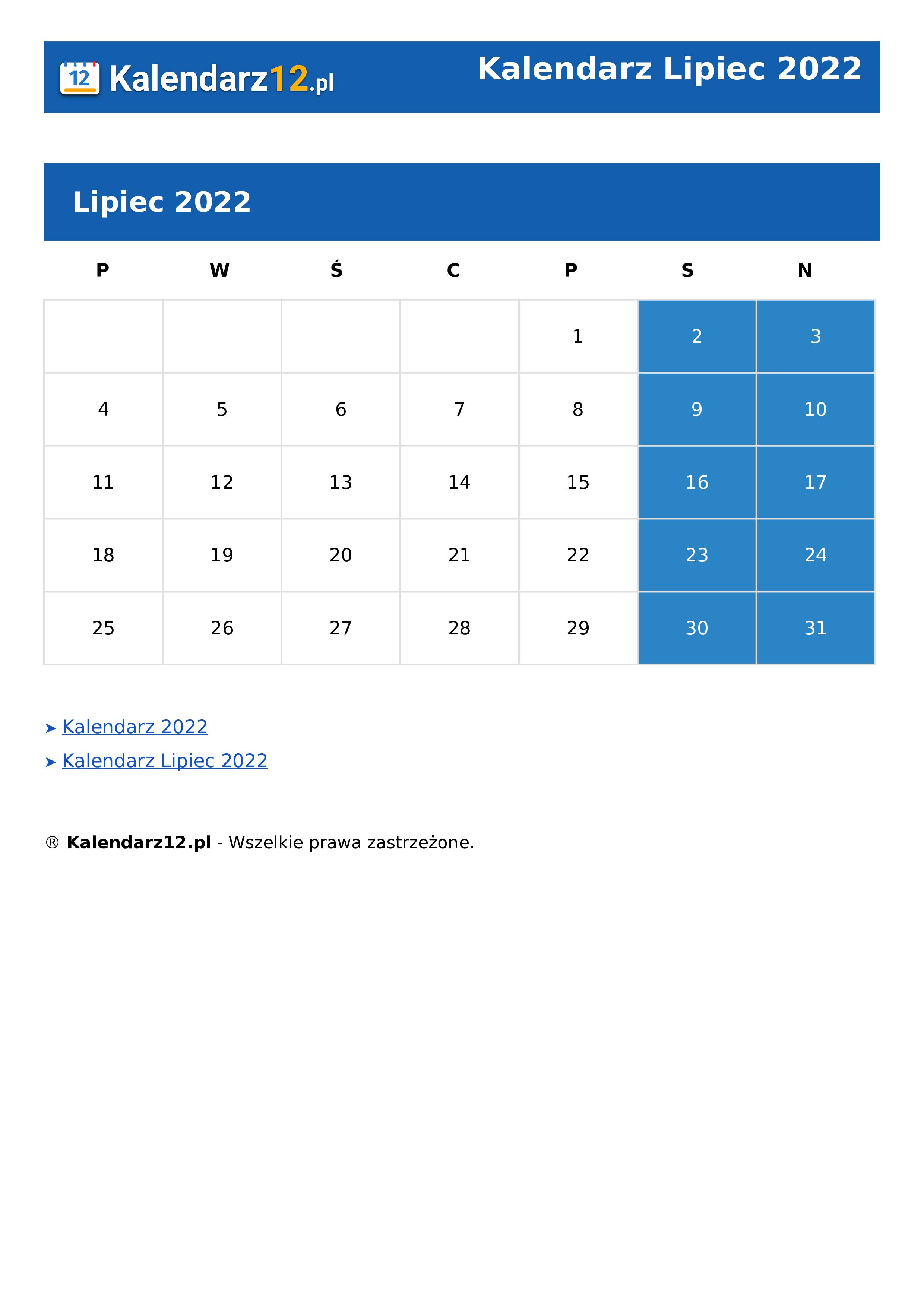 Calendar Lipiec 2022