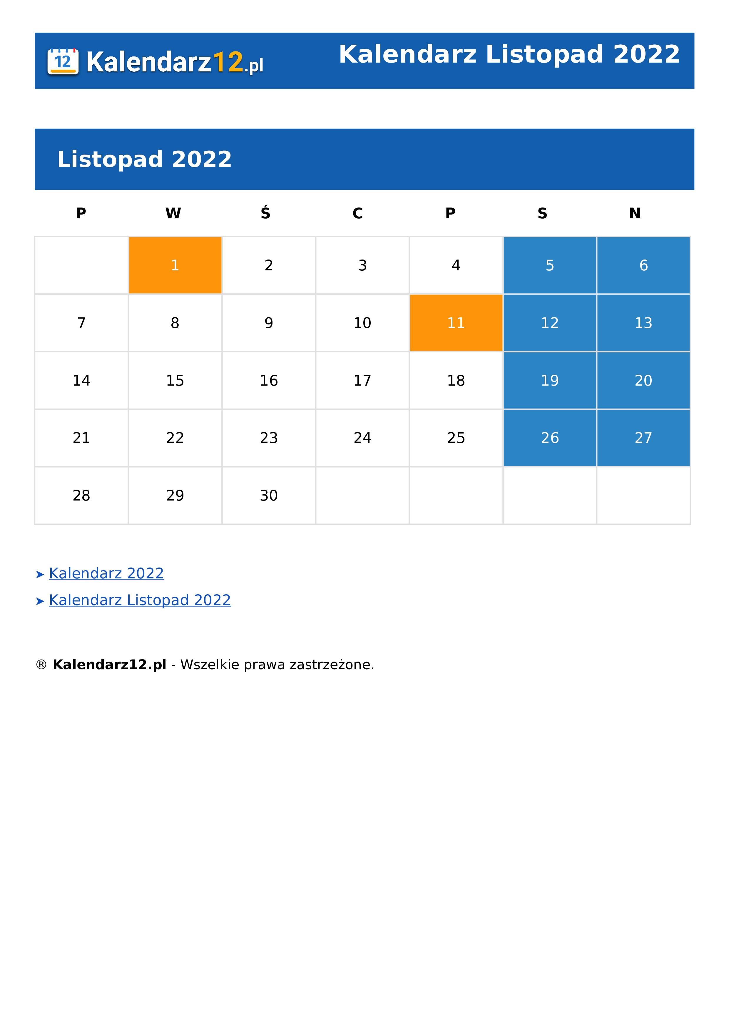 Calendar Listopad 2022