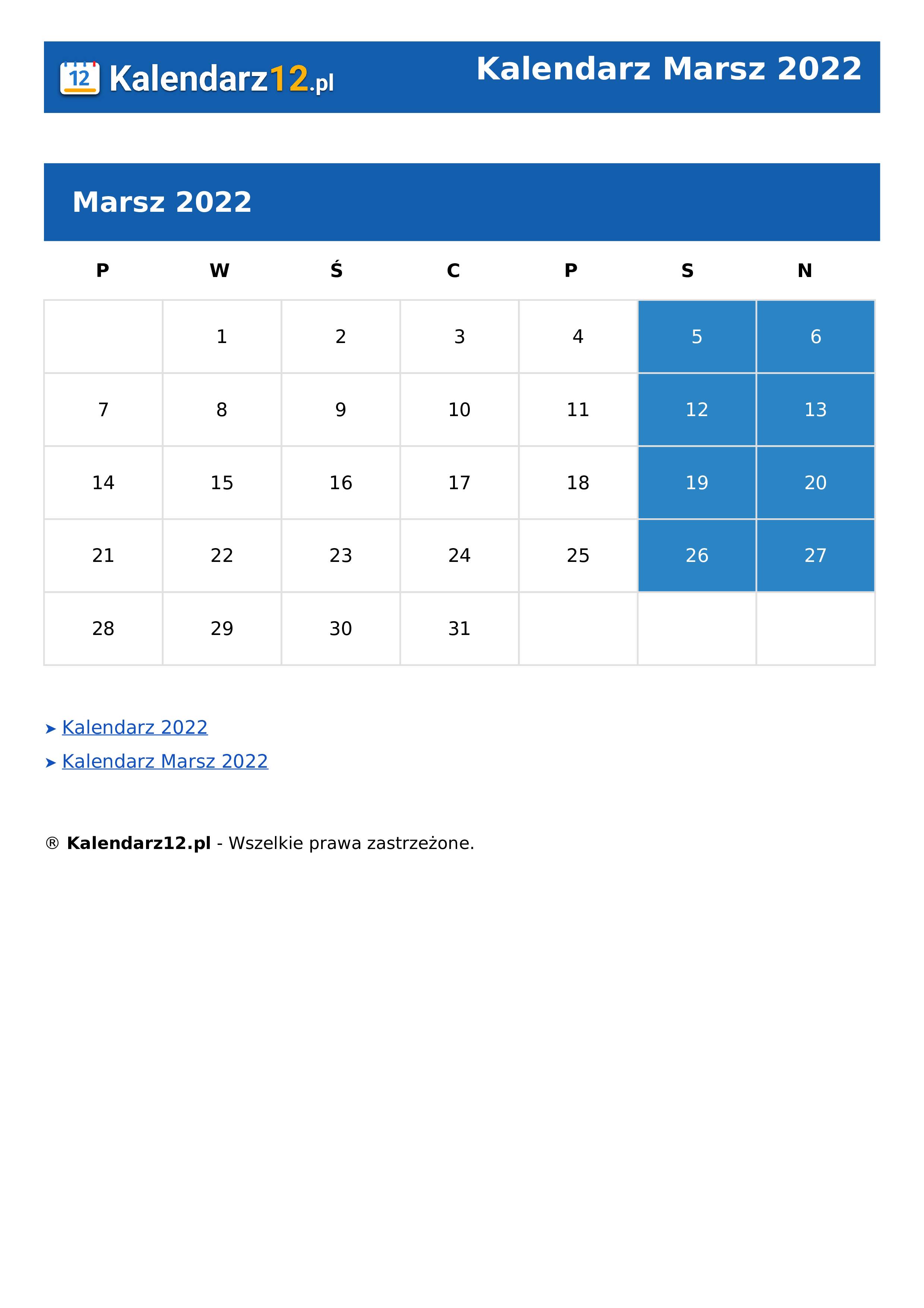 Calendar Marsz 2022