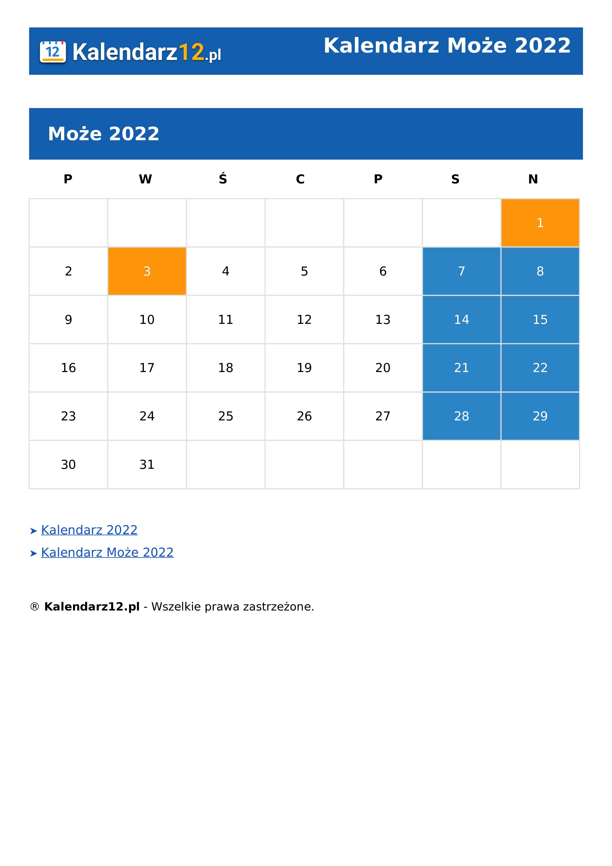 Calendar Może 2022