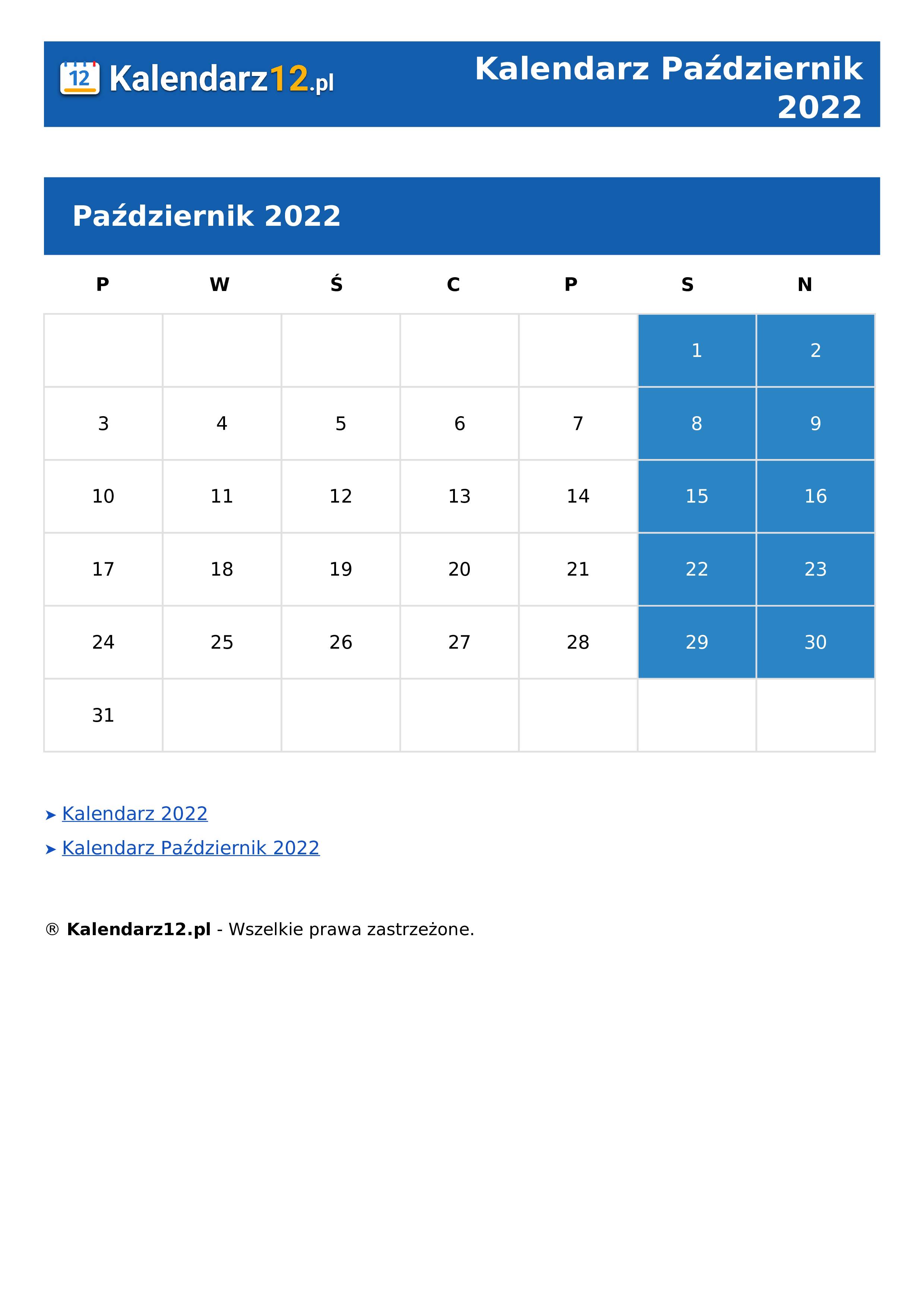 Calendar Październik 2022