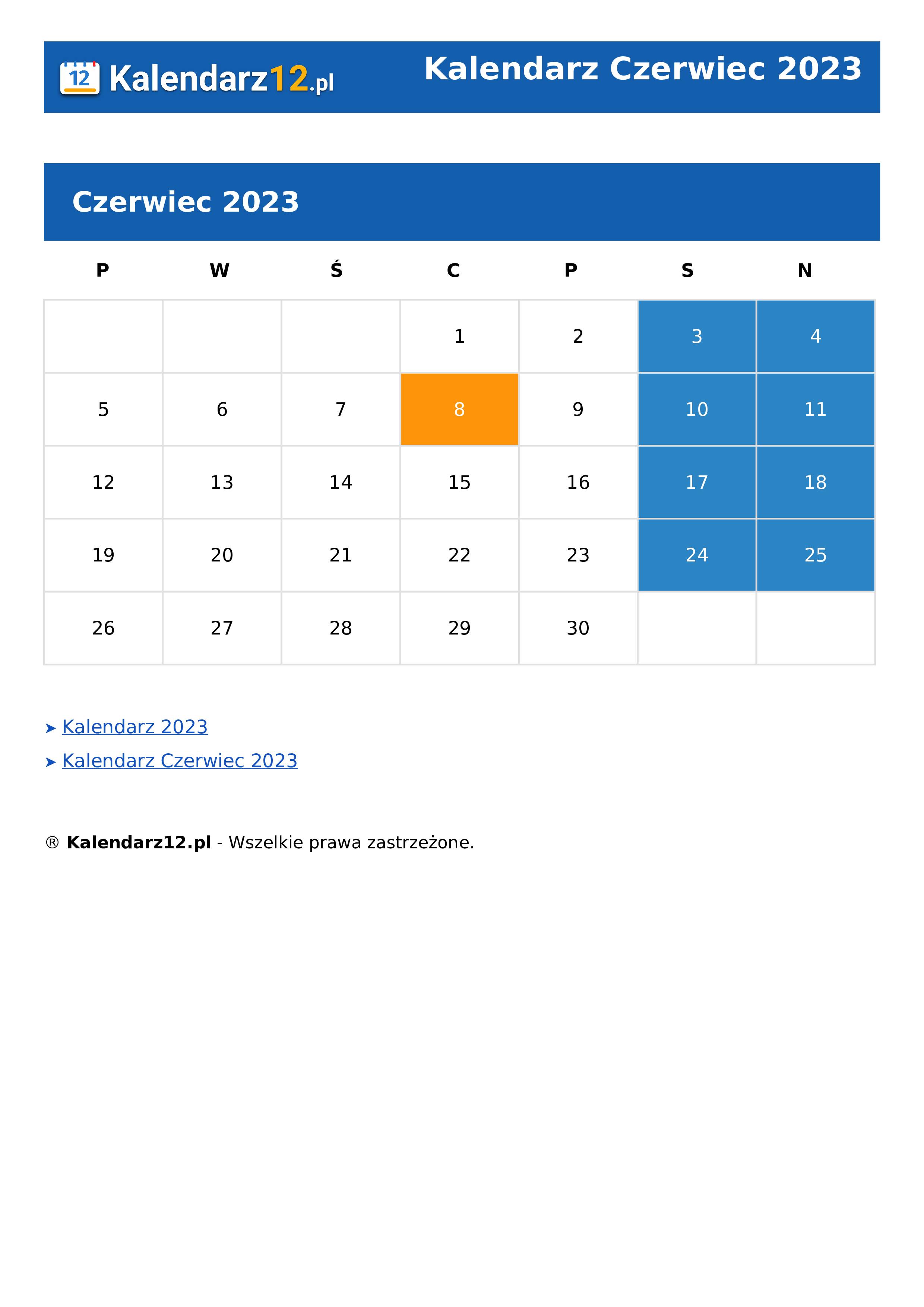 Calendar Czerwiec 2023