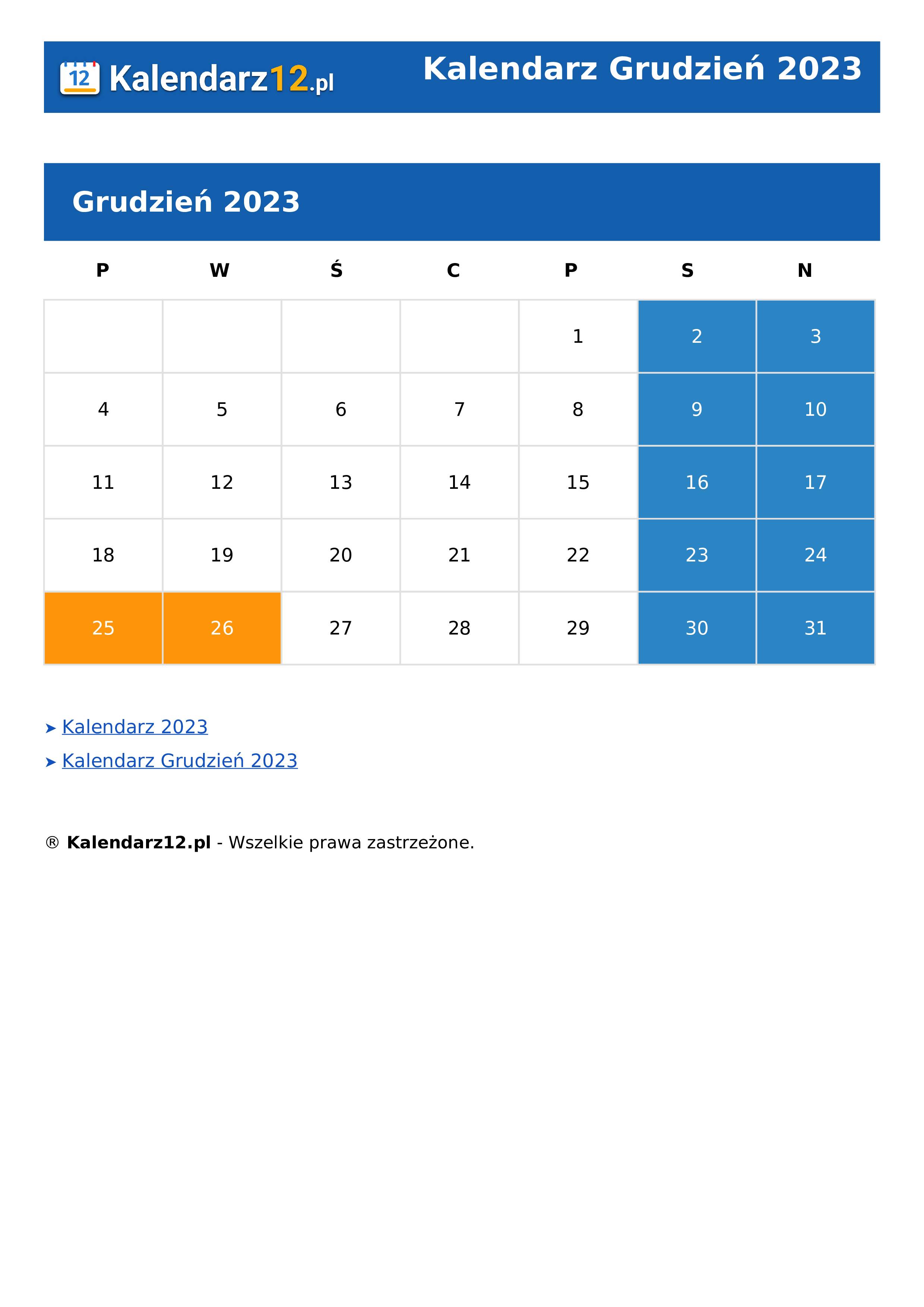 Calendar Grudzień 2023