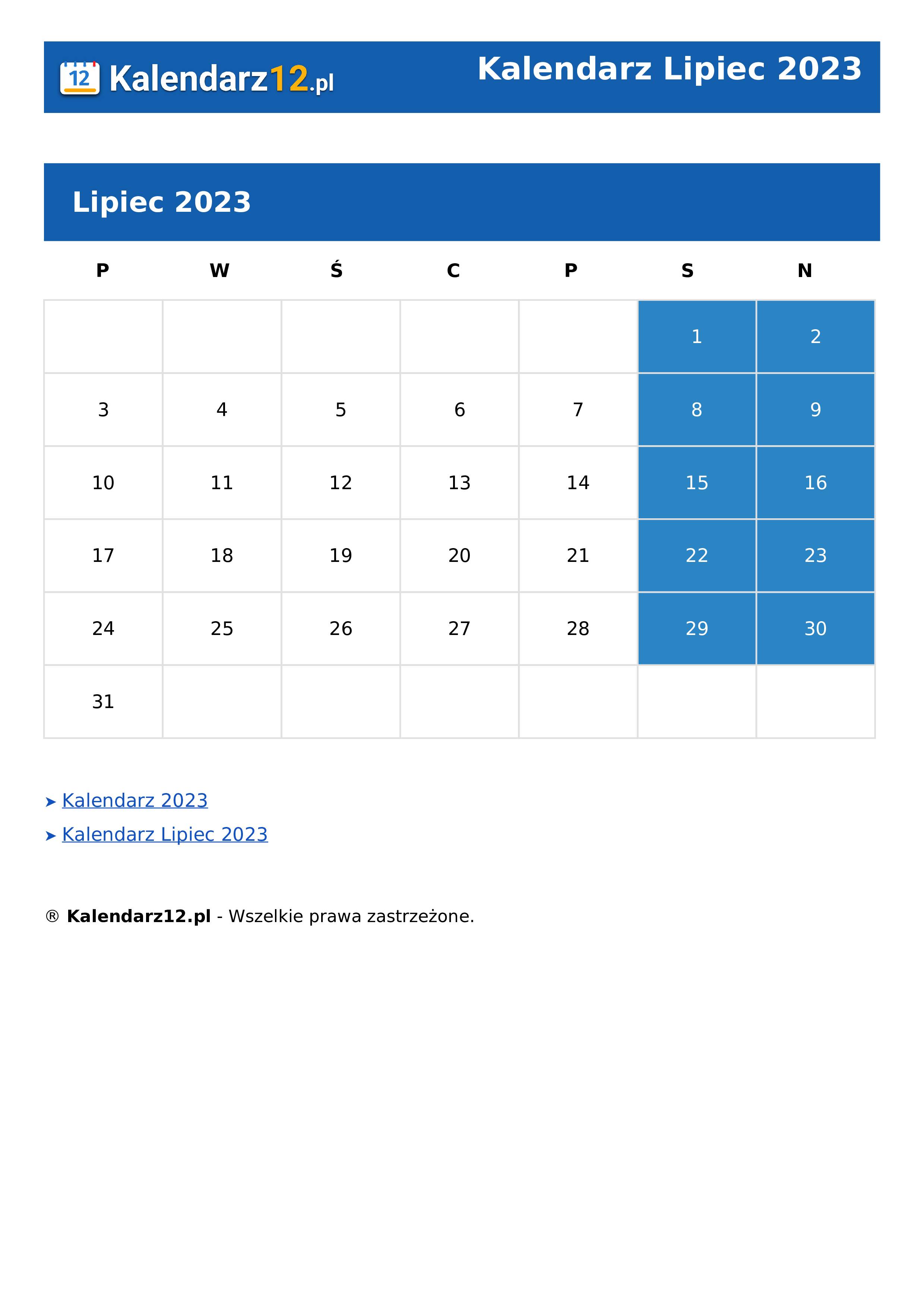 Calendar Lipiec 2023