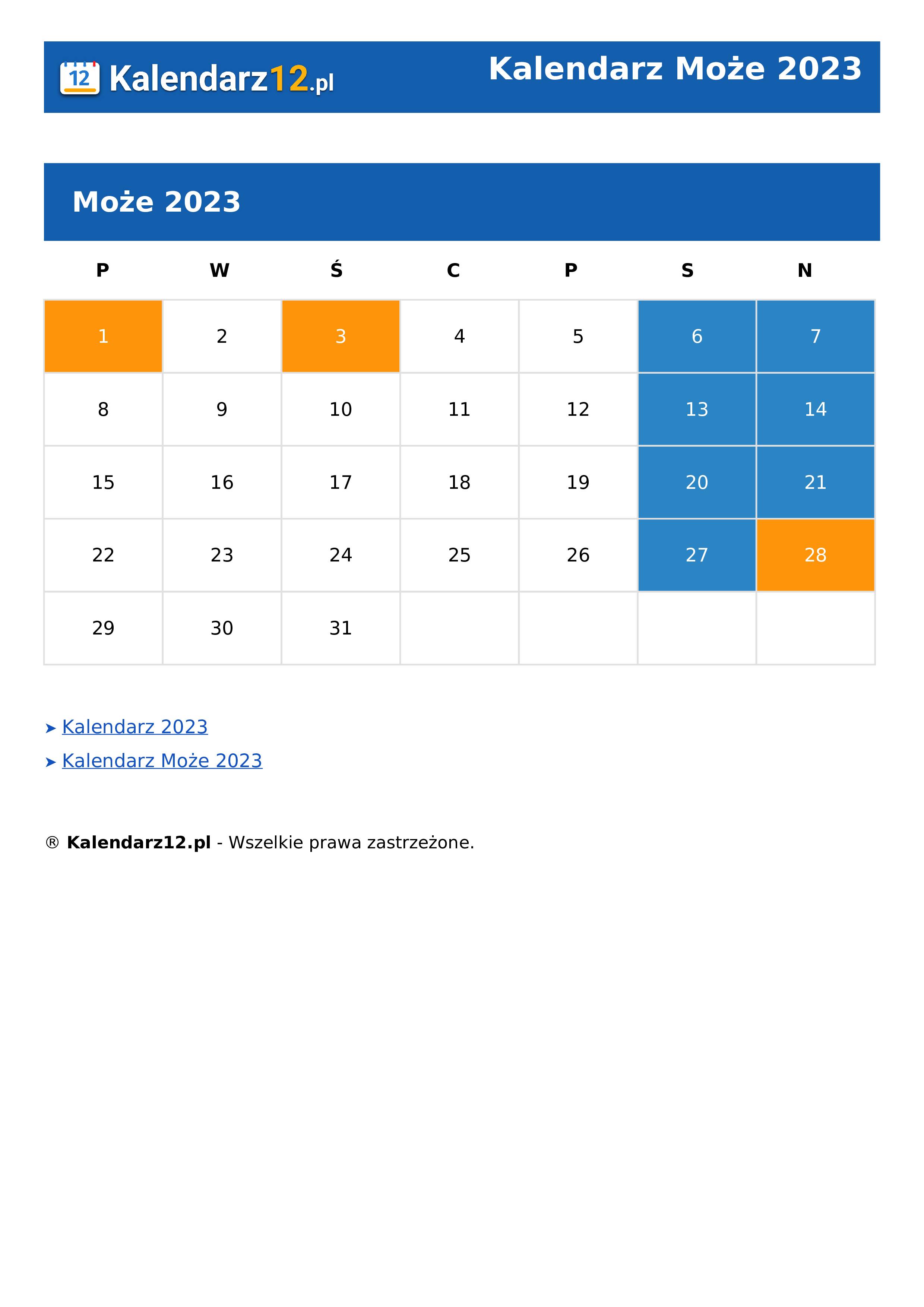 Calendar Może 2023
