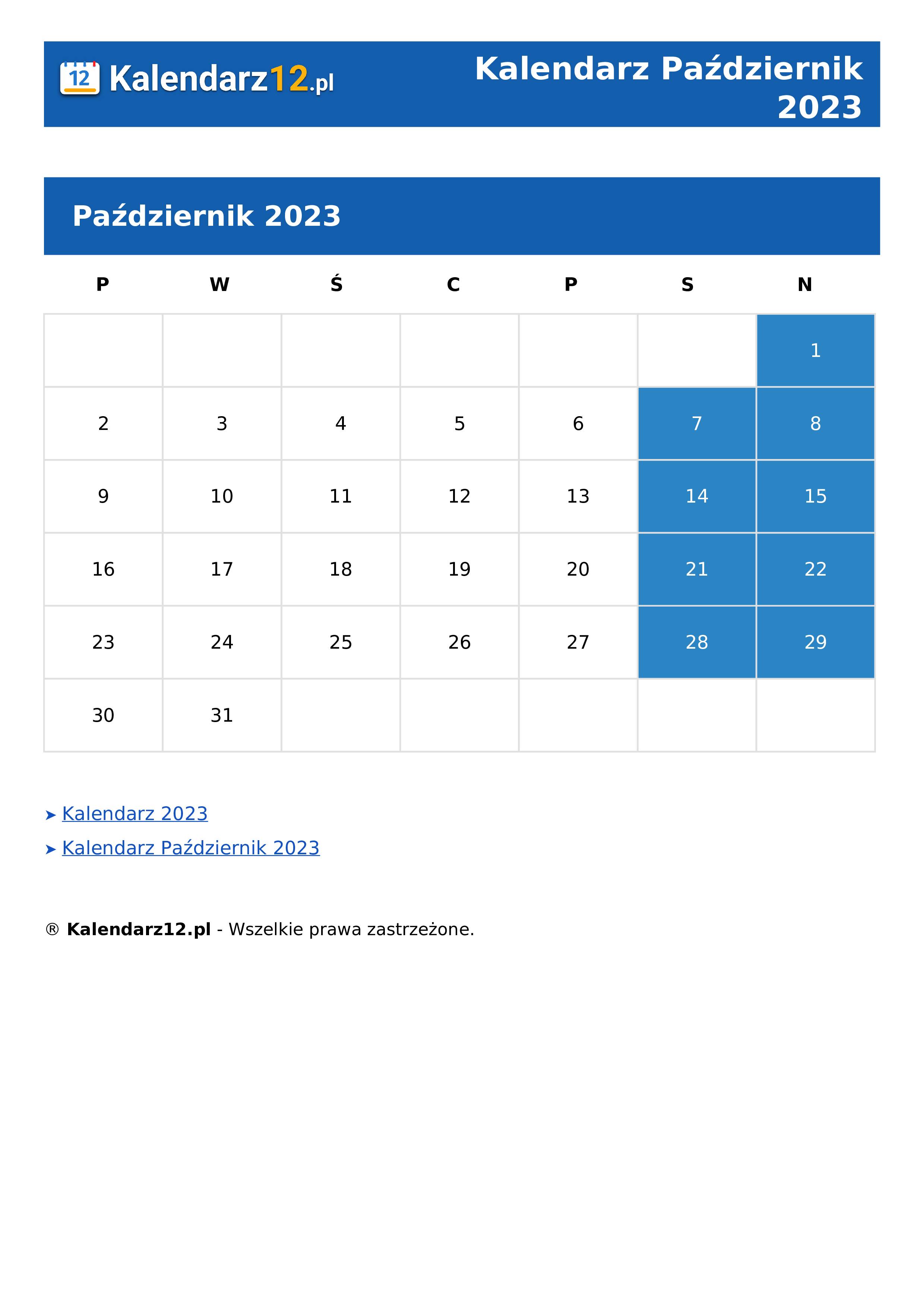 Calendar Październik 2023
