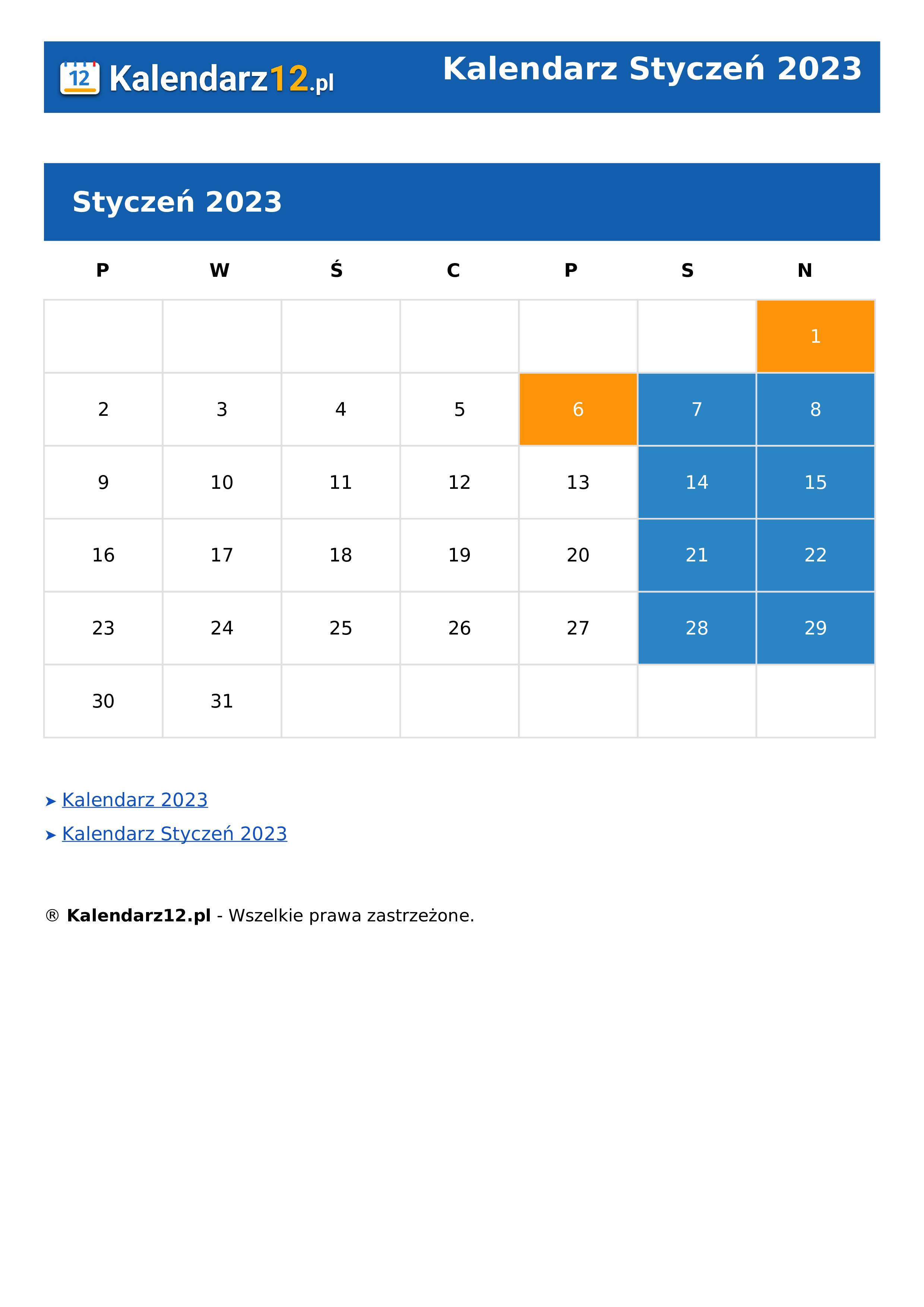 Calendar Styczeń 2023